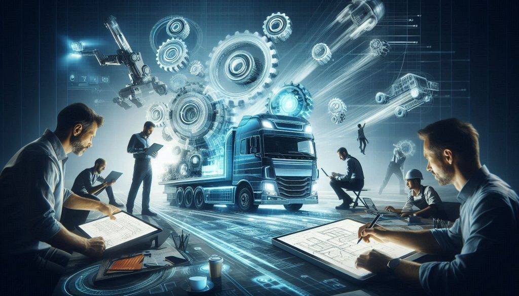 Projektarbeiter und ein Lastwagen im Hintergrund